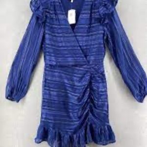 NSR Dress Blue Silver Long Sleeve Knee Length V-Neck Ruffle Size M